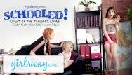 Legal age teenager caught in teachers lounge by two milfs acquires schooled- girlsway